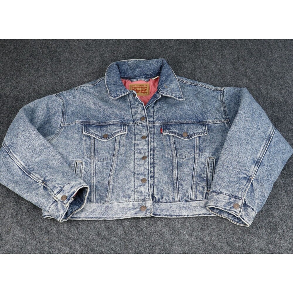 Levi Strauss Padded Denim Jean Trucker Jacket Pink Lined Quilted Womens Size XL
